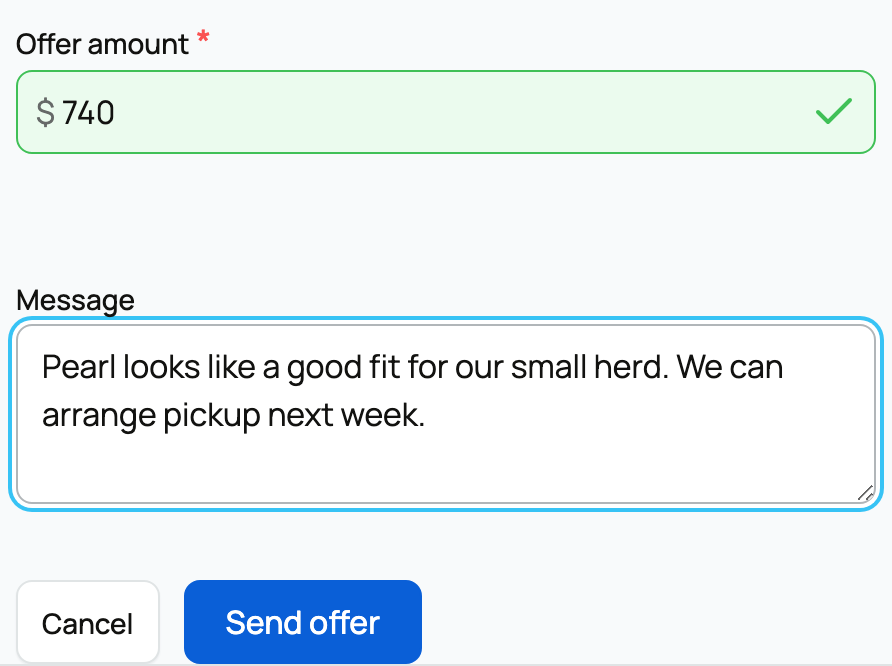Offer amount and message fields with the Send offer button