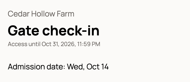 What gate staff see: Gate check-in for Cedar Hollow Farm with access until Oct 31
