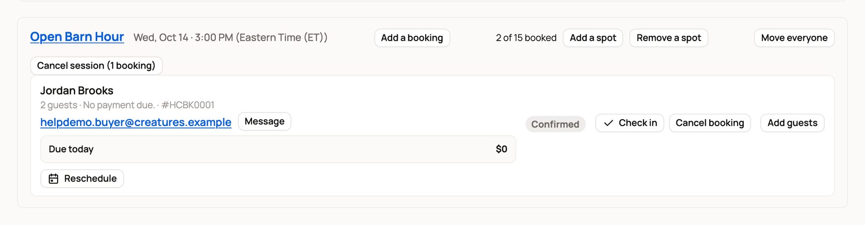A session with Add a booking, Move everyone, and a booking ready to check in