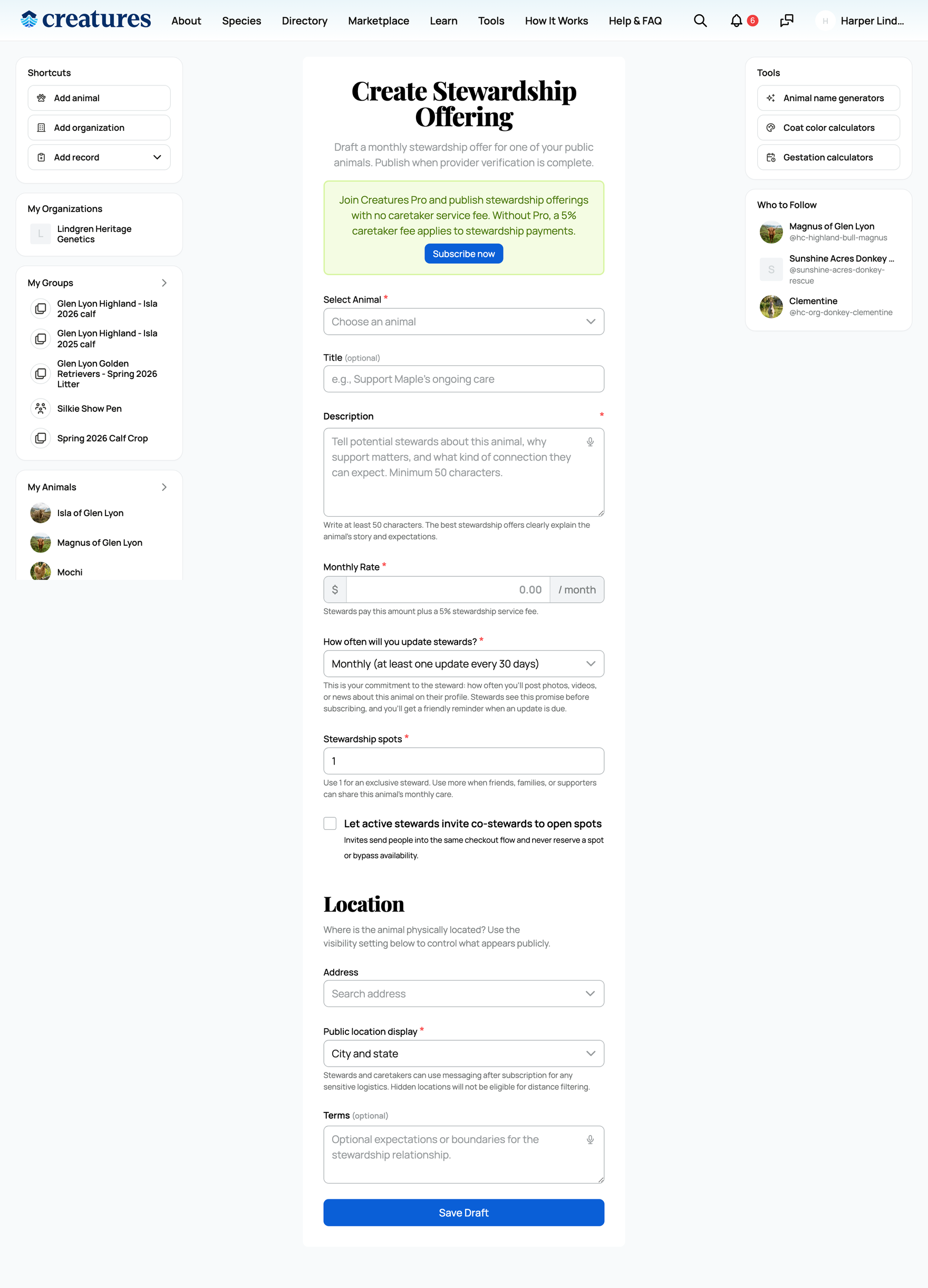 The create stewardship offering form