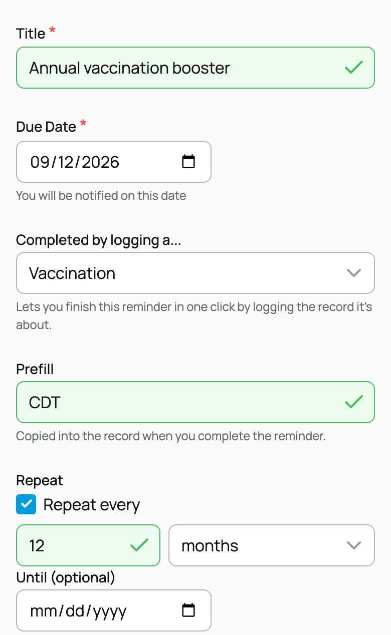 A reminder with due date and completion settings