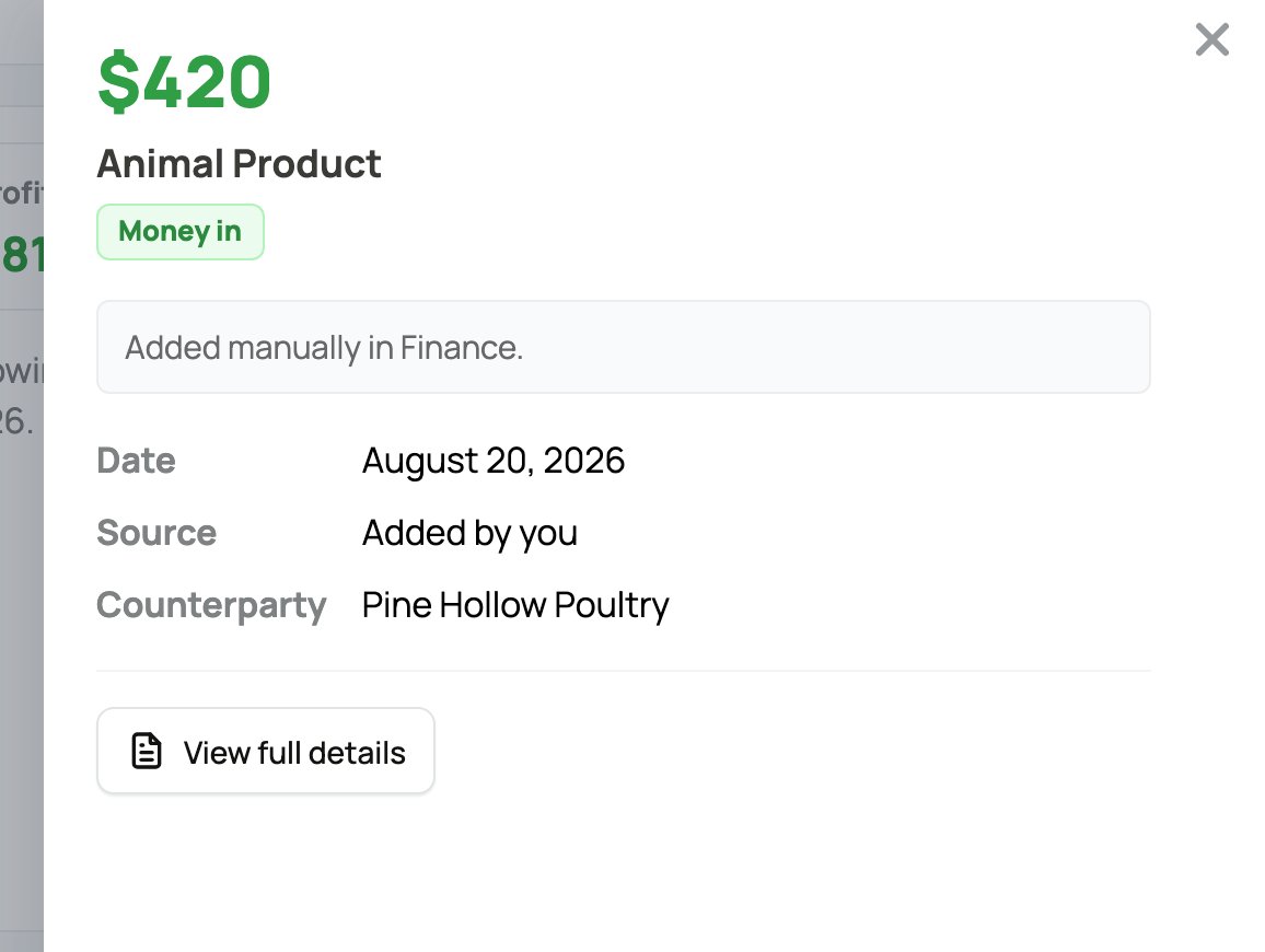 Recent activity entry showing its amount, date, source, and counterparty
