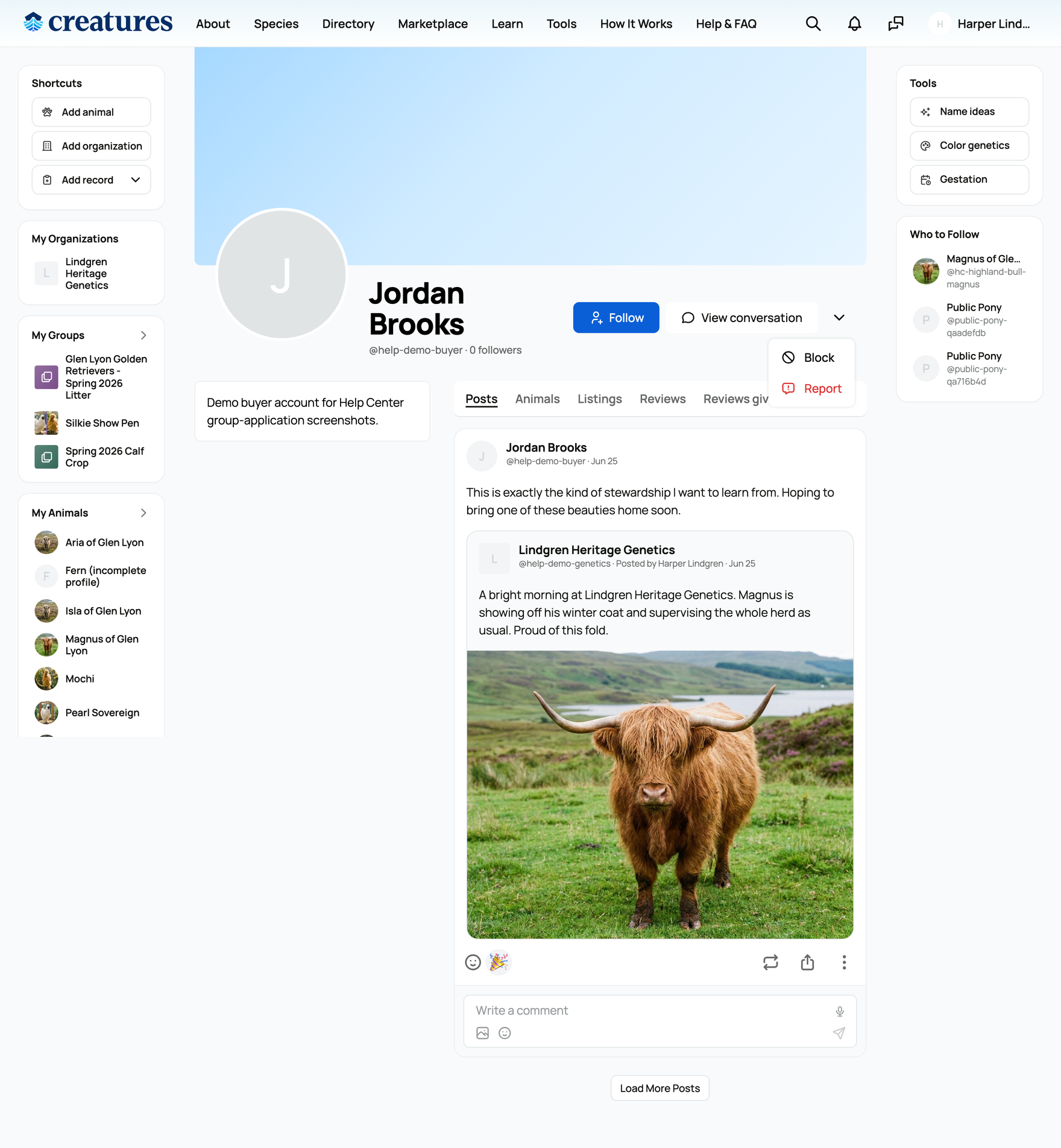 A member's profile with the actions menu open, showing Block