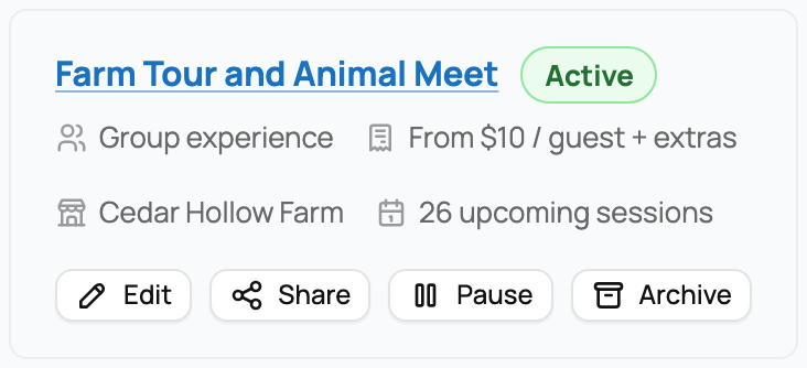 Booking offerings list with status, edit, share, and pause controls