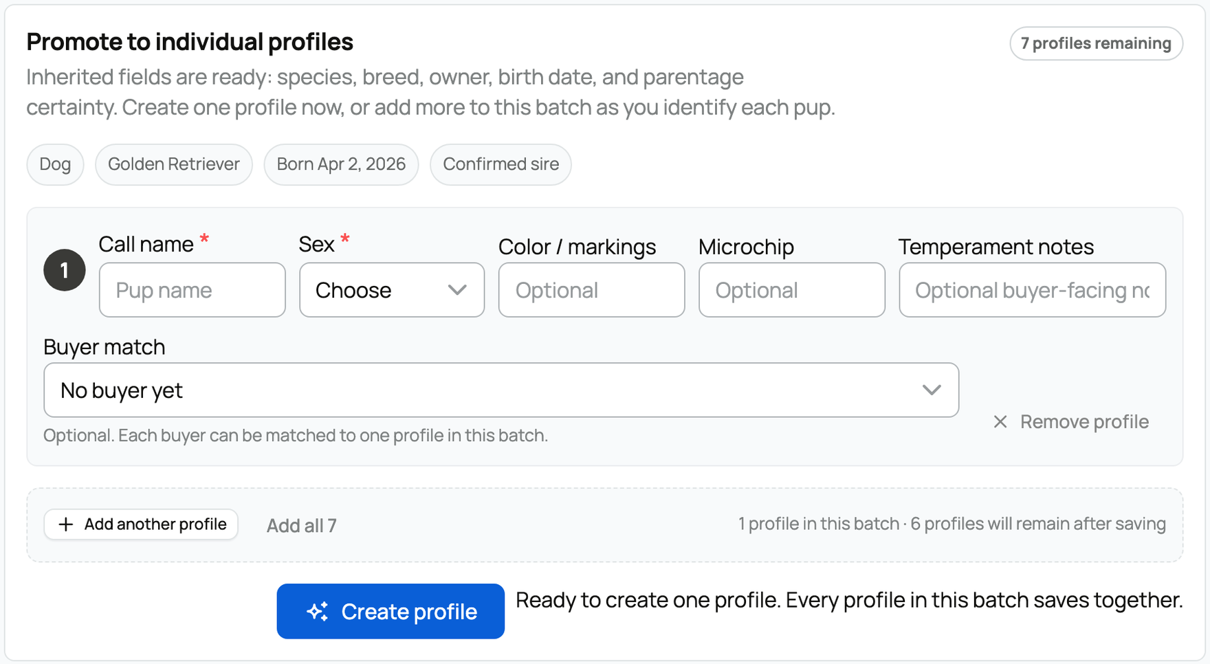 Promote to individual profiles with inherited details and buyer match