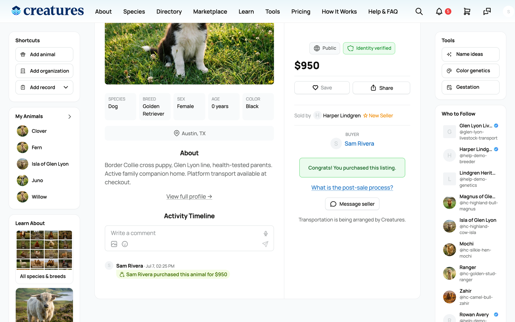 Tracking a Creatures transport from your purchase: route, In Transit status, and the transporter