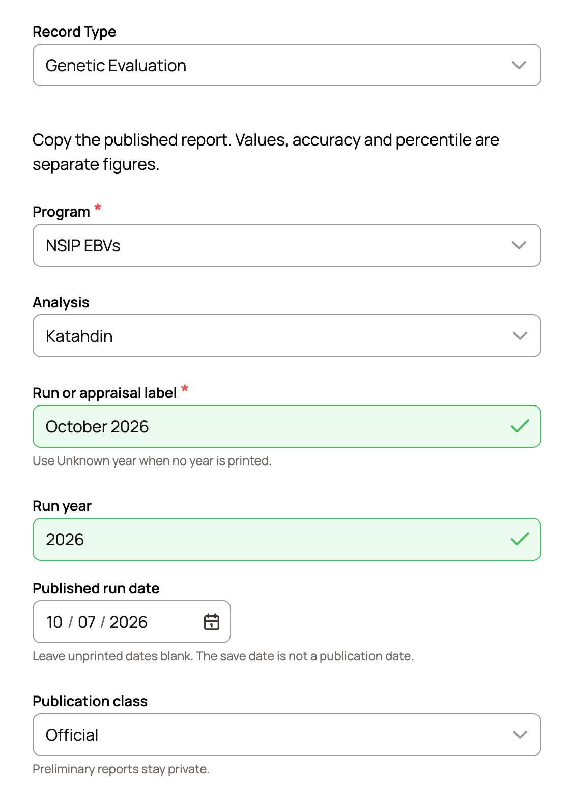 Add Genetic Evaluation Record form with Program NSIP EBVs, Analysis Katahdin, run label October 2026, run year, published run date and Official