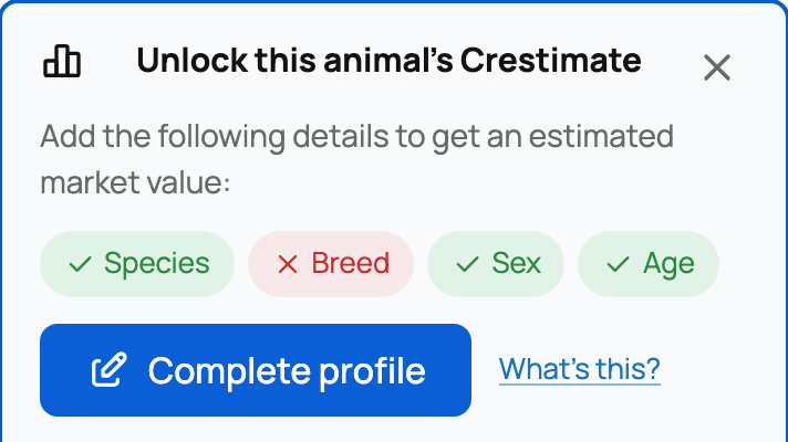 Crestimate checklist with Breed missing and Complete profile ready
