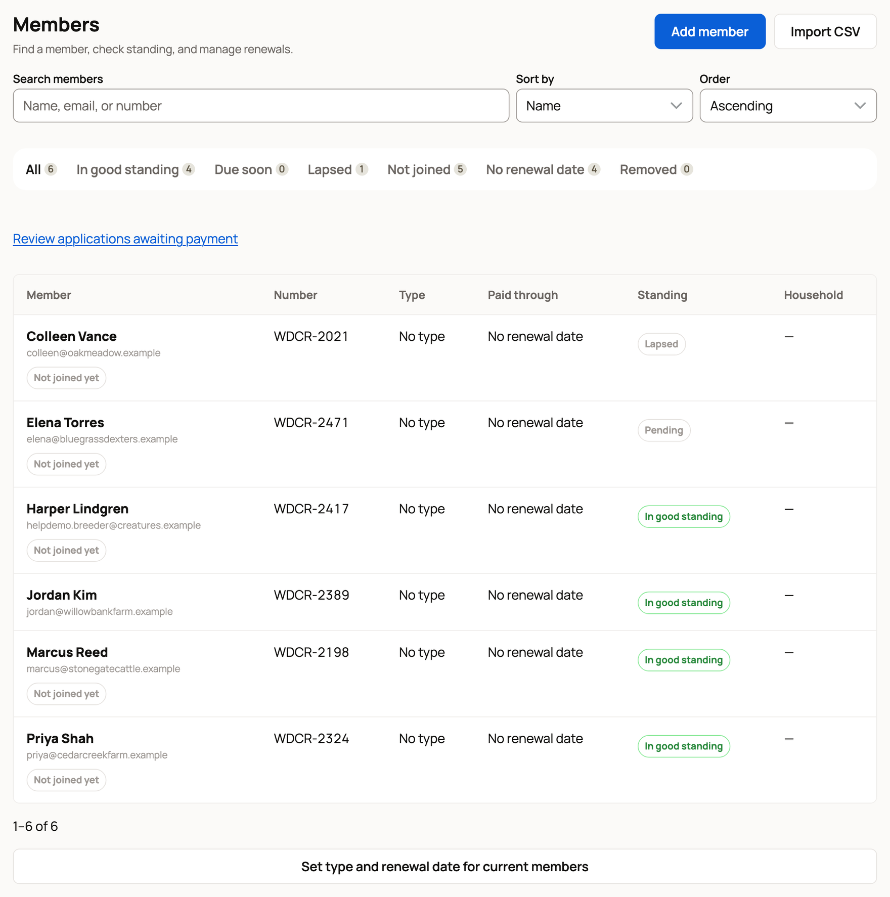 The Members list with standing filters, numbers, types, and paid-through dates