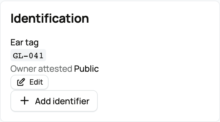 Identification panel with a public, owner-attested ear tag and Add identifier