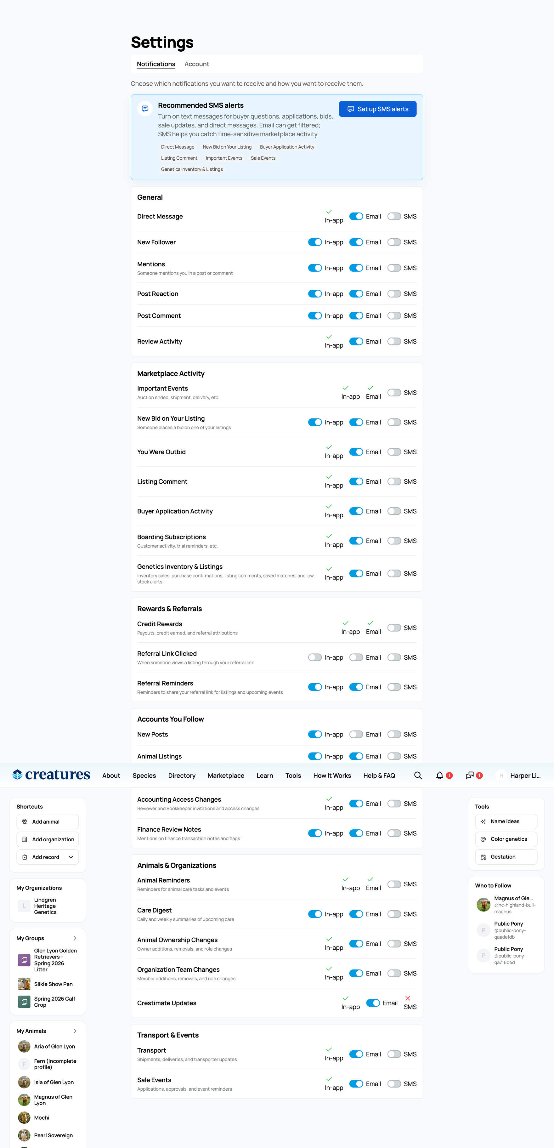 The Notifications settings grid