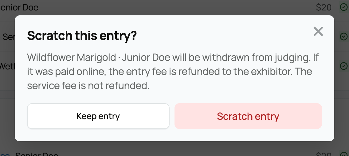 The scratch confirmation, noting the service fee is not refunded