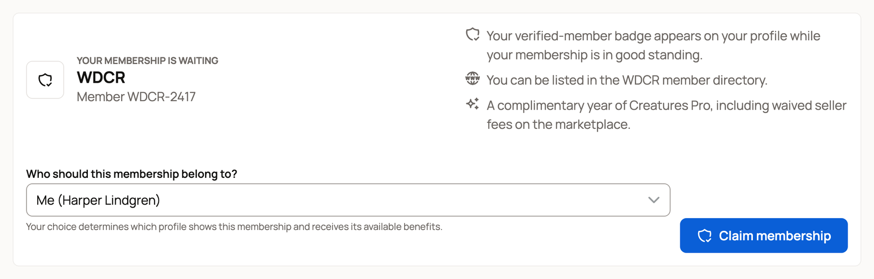 A waiting membership with the choice of who it belongs to and Claim membership