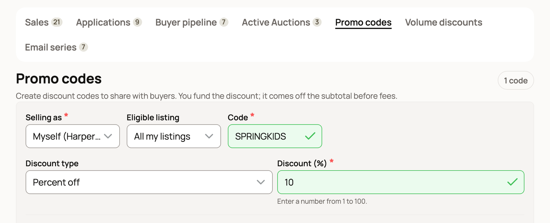 New promo code form under Selling, Promo codes: selling as Harper Lindgren, all listings, code SPRINGKIDS, 10 percent off