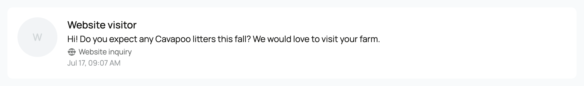 A website inquiry conversation in the inbox, labeled with the Website inquiry chip