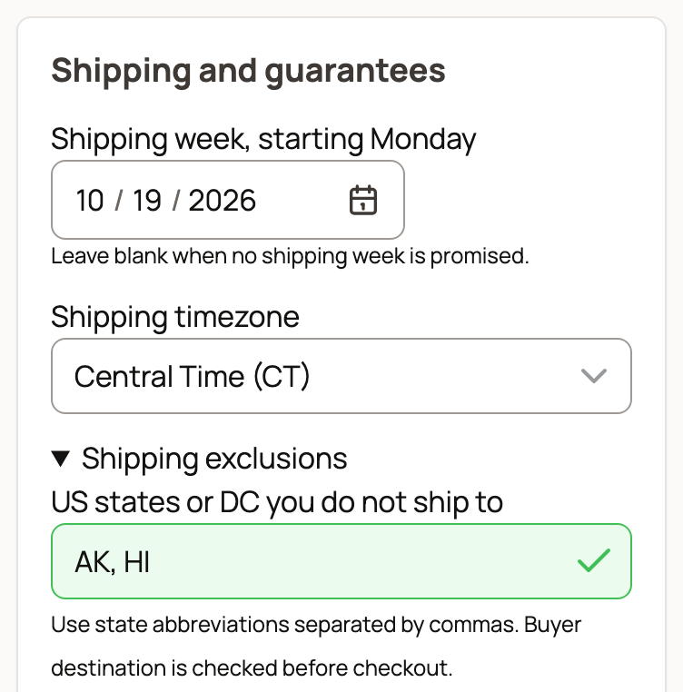 Shipping week of Oct 19, 2026 with AK and HI excluded