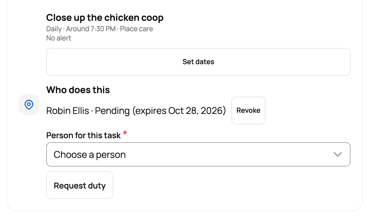 Who does this on a care plan task with a pending request to Robin Ellis, Revoke and Request duty