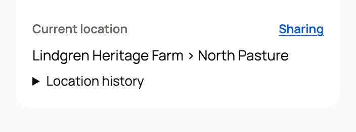 Current location North Pasture on an animal profile with Location history below
