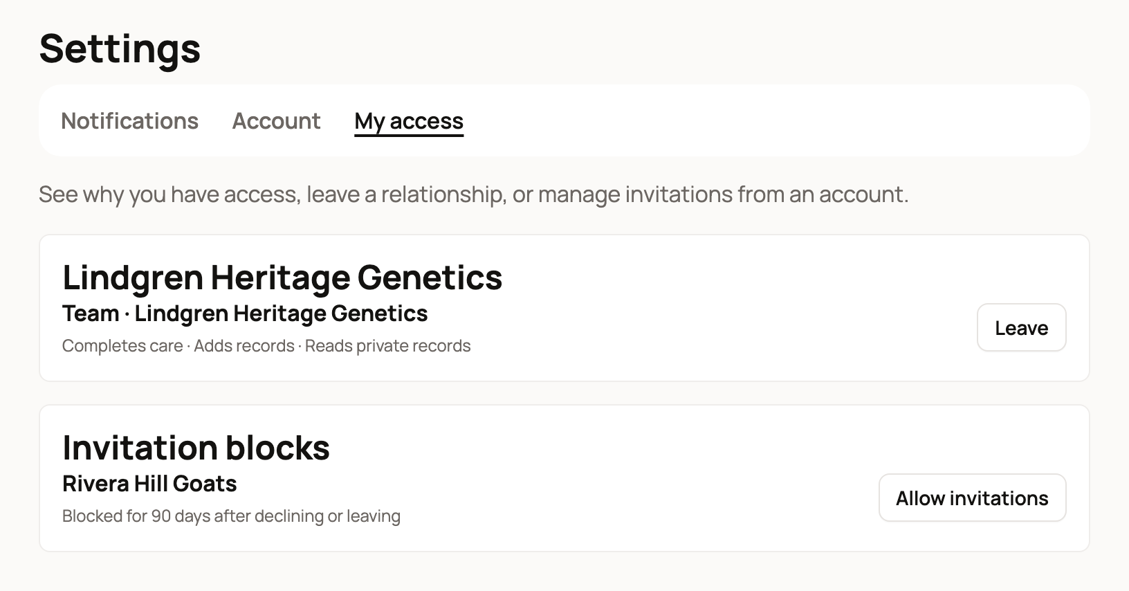 My access with Team at Lindgren Heritage Genetics and a Leave button, plus an invitation block from Rivera Hill Goats