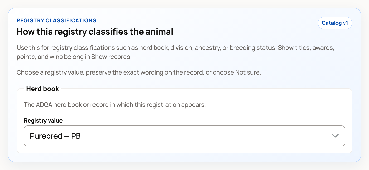 Registry classification choices with a catalog-backed value and source guidance