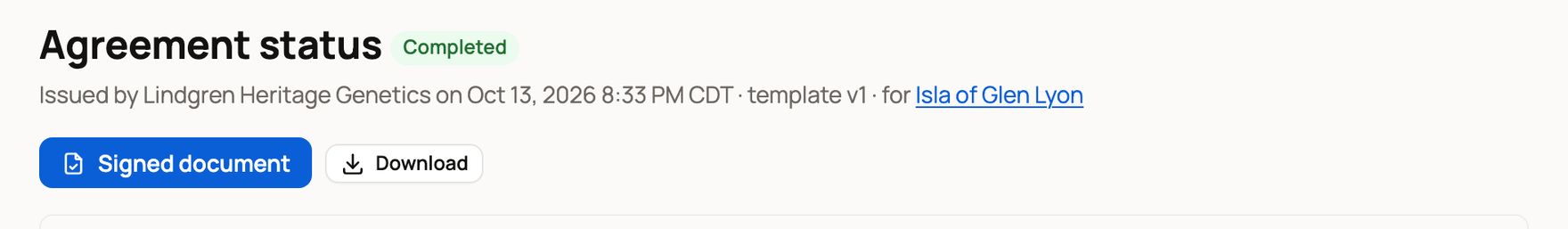 Completed agreement with Signed document and Download buttons