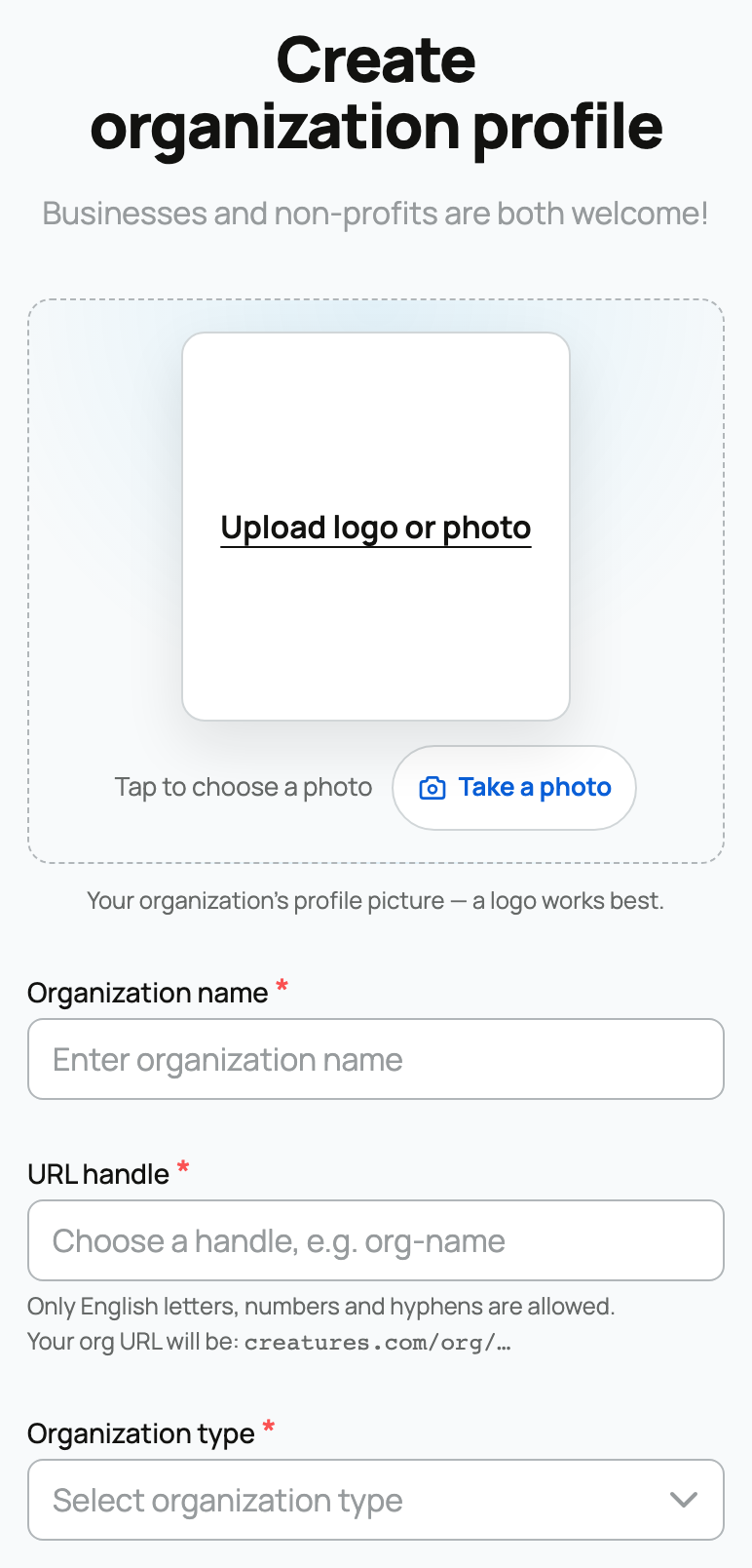 Organization photo, name, URL handle, and type fields