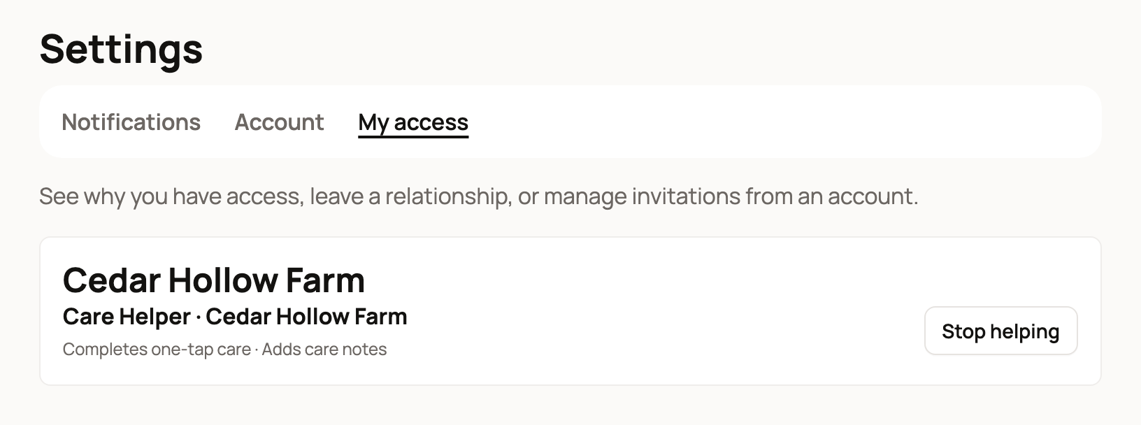 My access row for a Care Helper at Cedar Hollow Farm with Stop helping