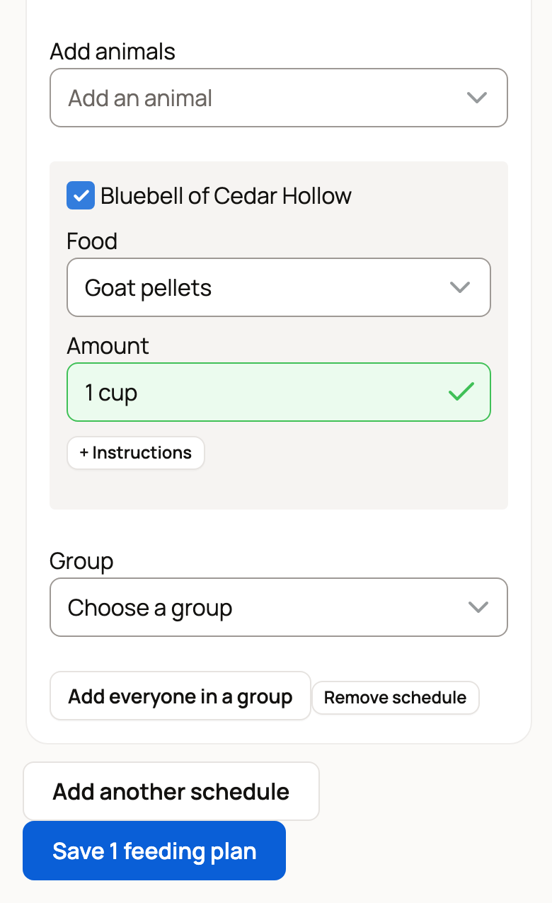 Bluebell of Cedar Hollow with food, amount and the save button