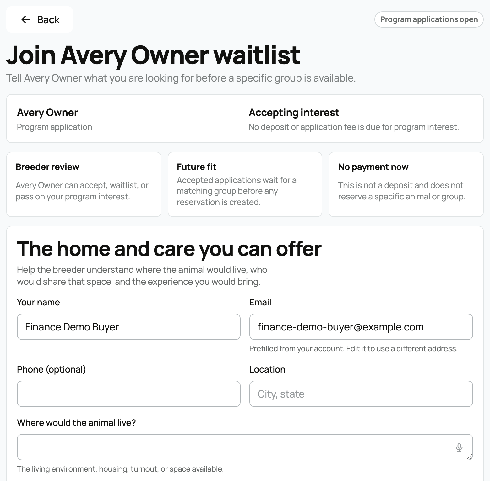 The program application page