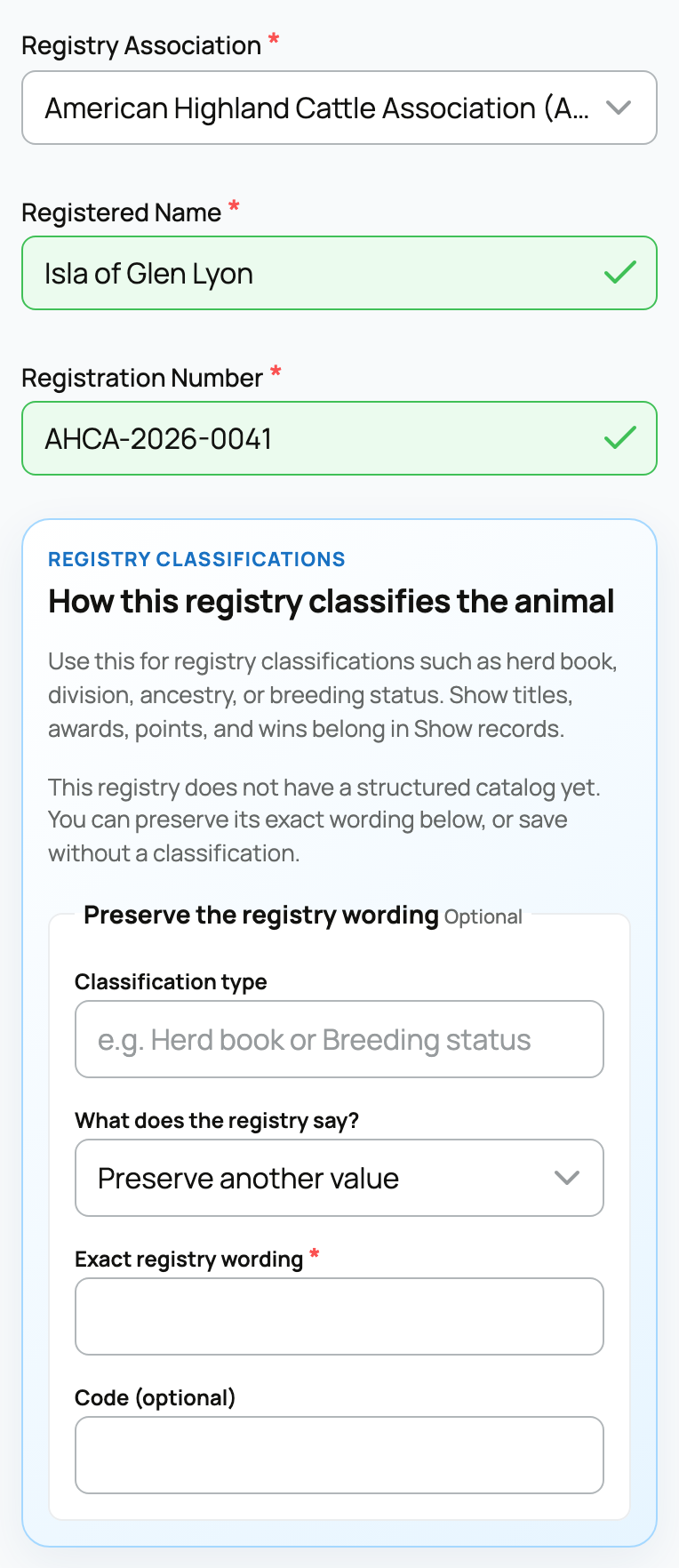 Registration details and registry classification fields