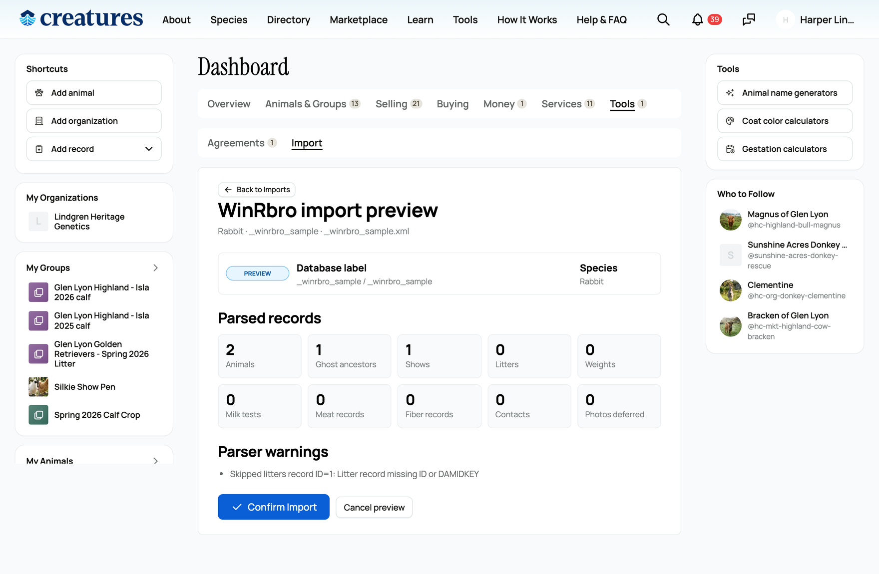 The winrbro preview with the parsed counts before you confirm