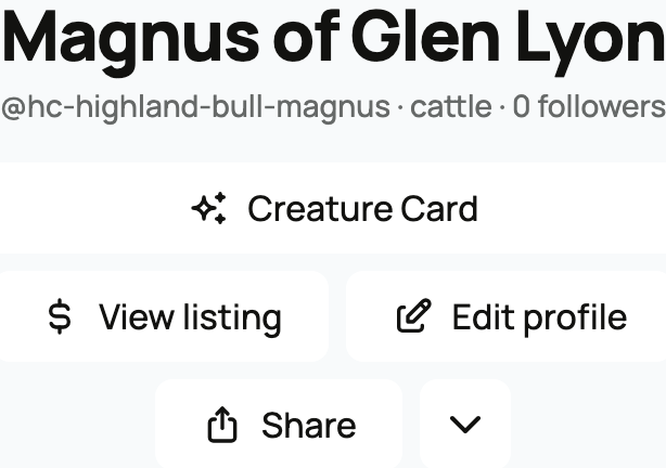 Magnus's name and profile actions: Creature Card, View listing, Edit profile, Share, and the more-actions arrow