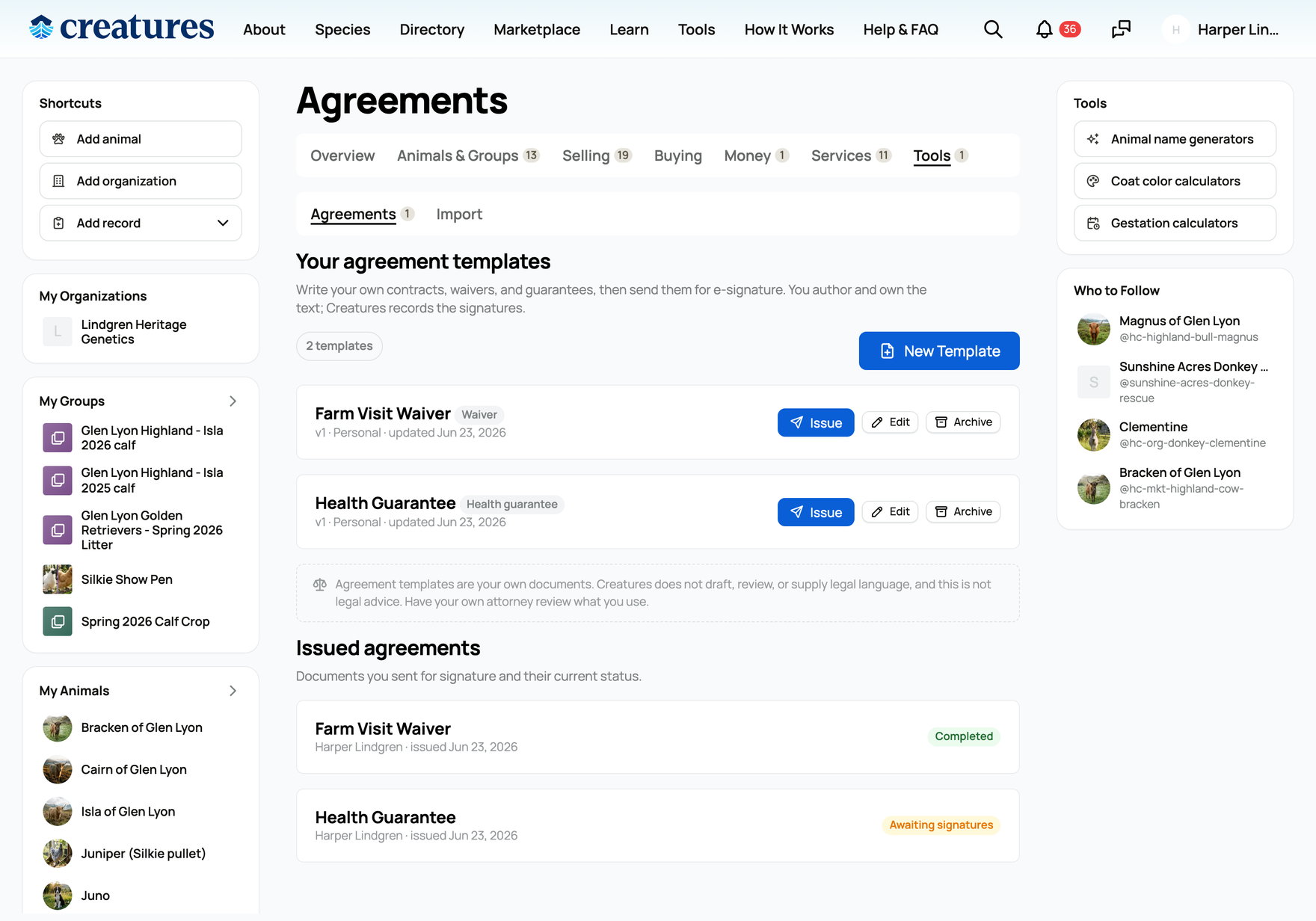 Your agreements dashboard: template cards and the issued list