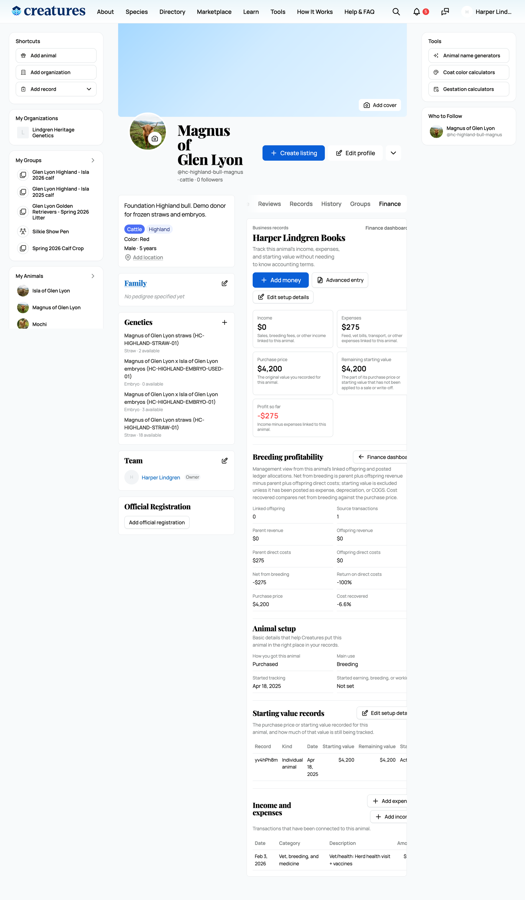 An animal's finance tab