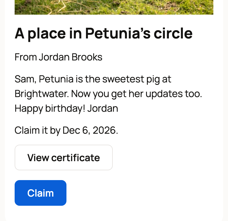 Gift page for Sam Rivera with Jordan's message, Claim it by Dec 6, 2026, View certificate and a Claim button