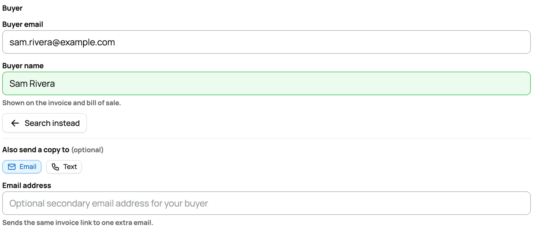 Buyer invitation fields with Sam Rivera's name and email address