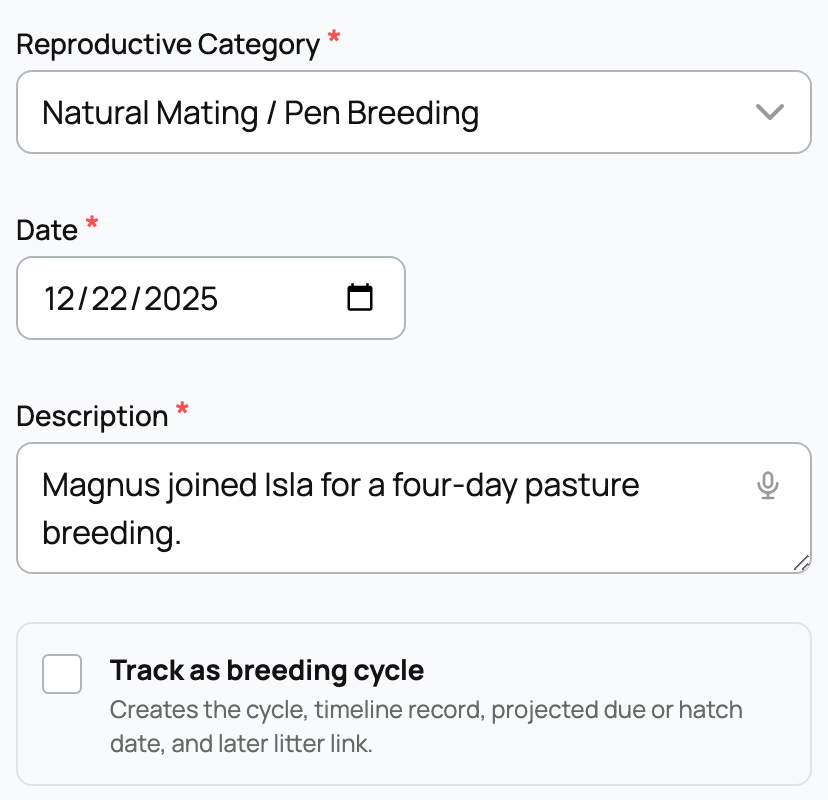 Breeding record with its category, date, description, and tracking choice