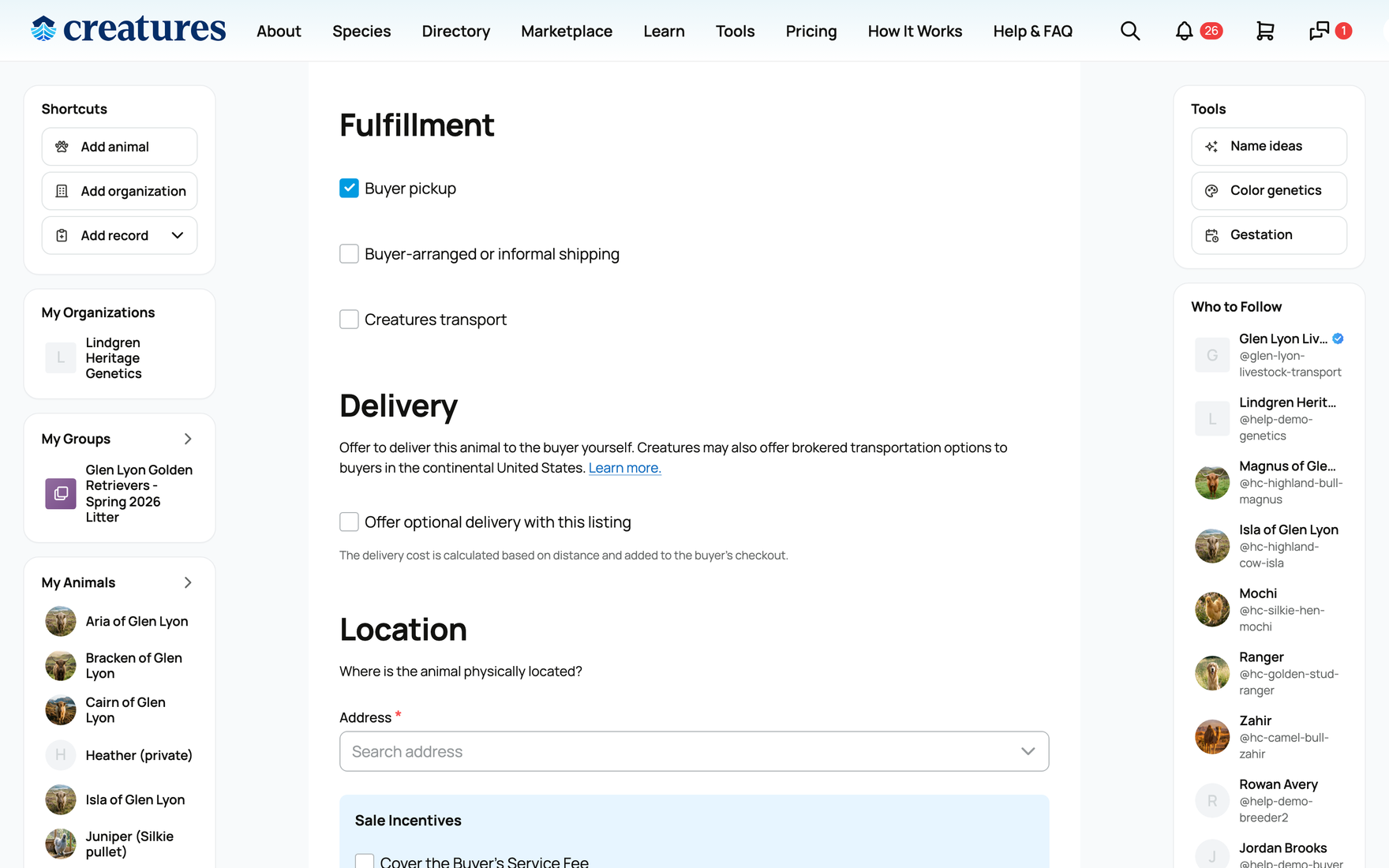The Fulfillment section on the create-listing form