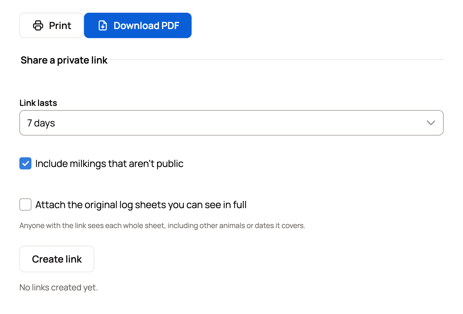 Print and Download PDF buttons above Share a private link, with Link lasts 7 days, Include milkings that aren't public and Create link