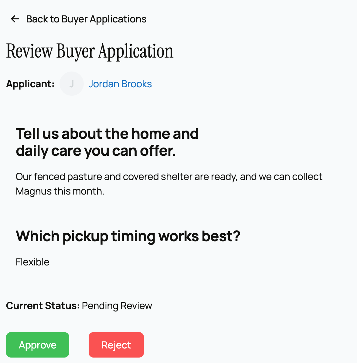 Buyer application review with Approve and Reject actions