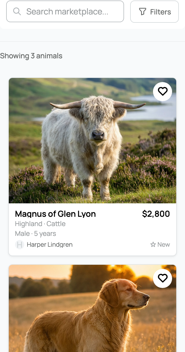 Marketplace search and Filters showing 3 animals, the full Magnus of Glen Lyon listing, and the next listing photo