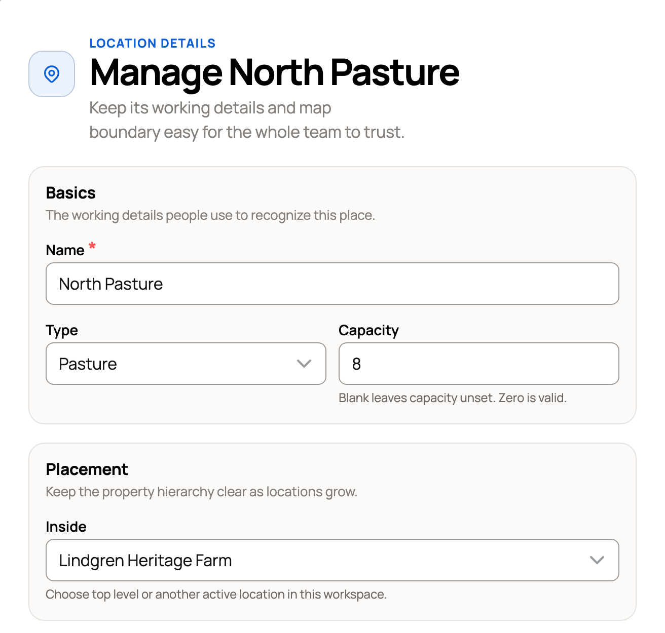 Manage North Pasture with Name, Type, Capacity and Inside