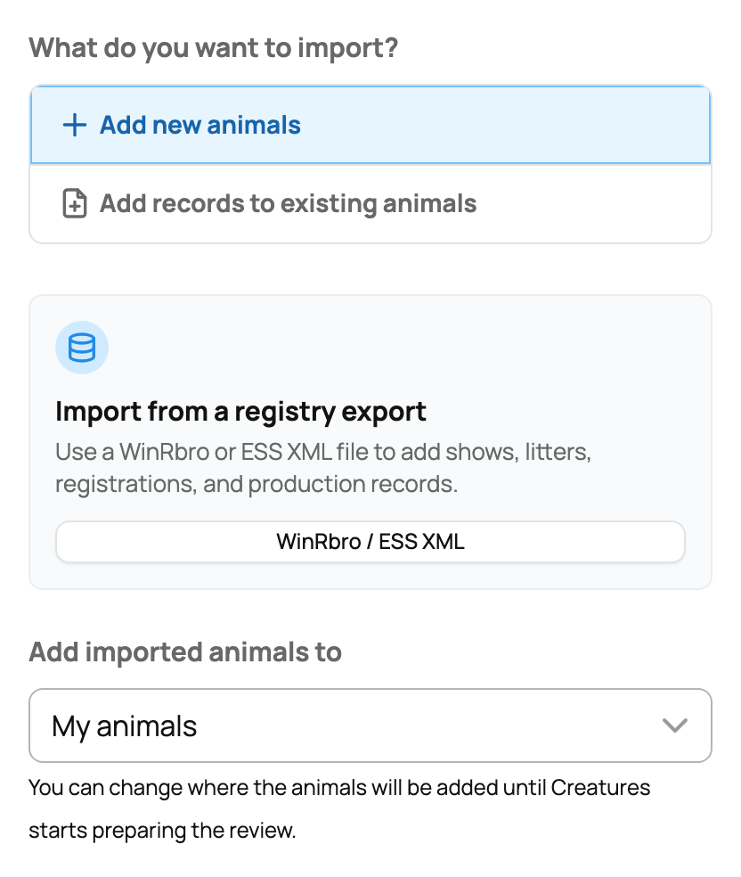 Add new animals and the destination for imported animals