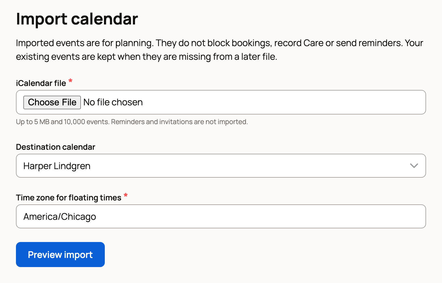 Import calendar with iCalendar file, Destination calendar and Time zone for floating times