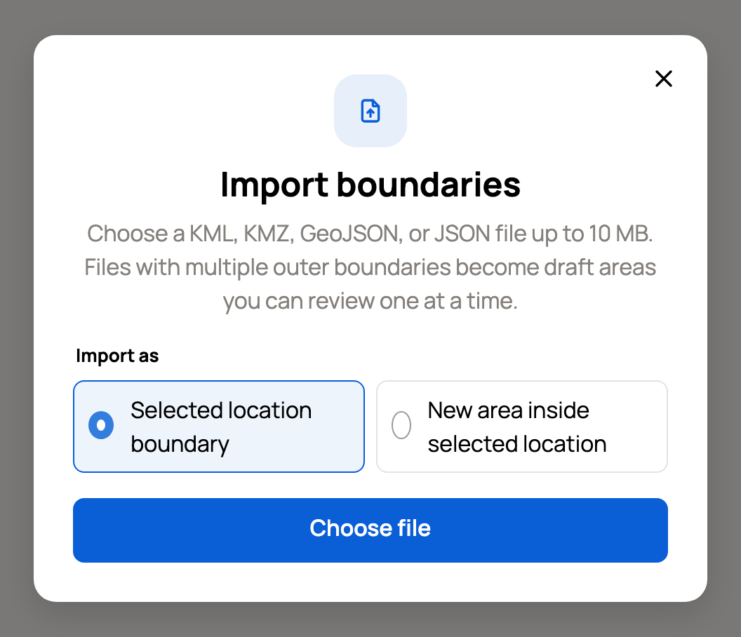 Import boundaries with file types, Import as choices and Choose file