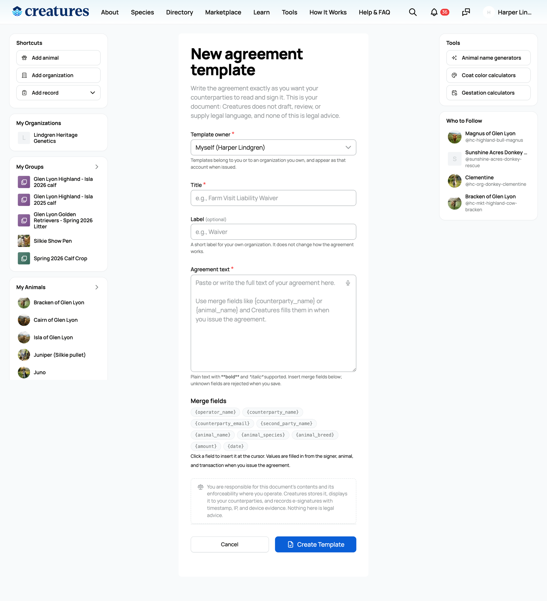 The template editor: title, label, agreement text, and the merge-field helper