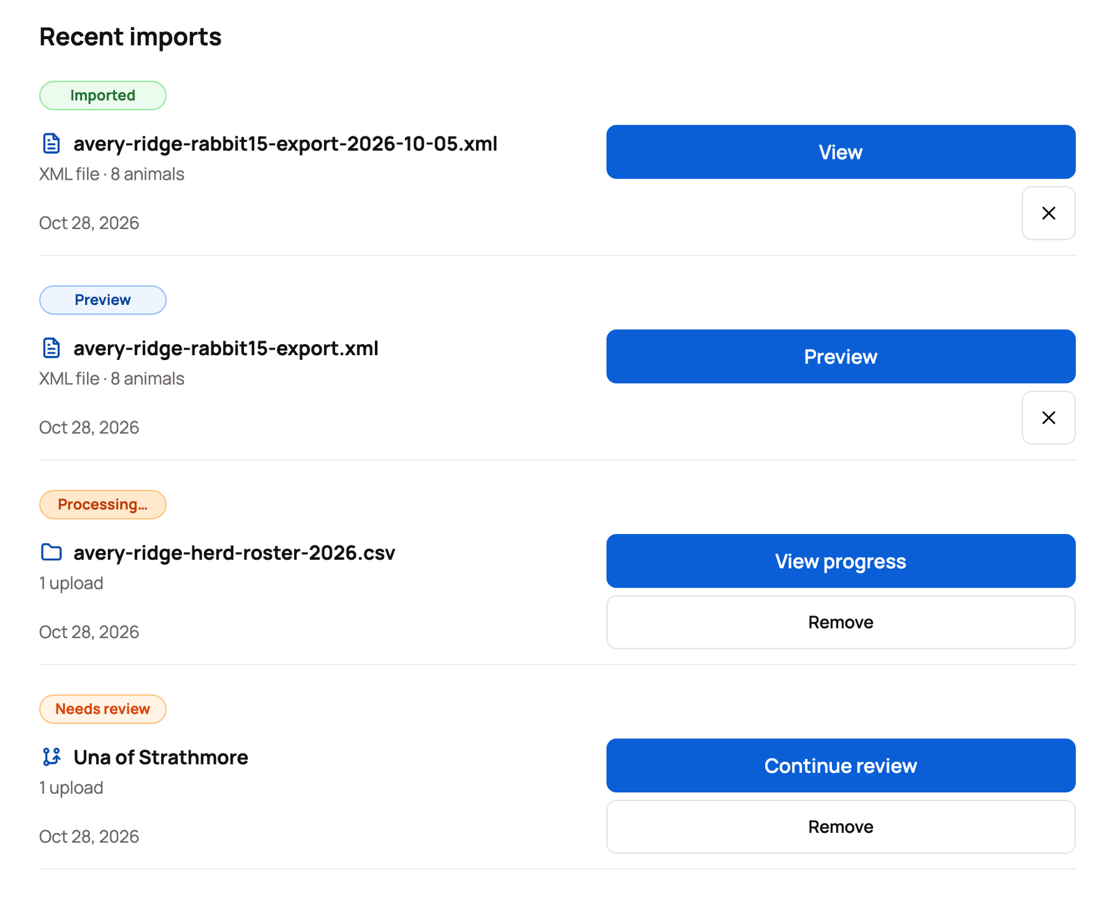 Recent imports list with an imported file, a preview, a spreadsheet still processing, and a pedigree that needs review
