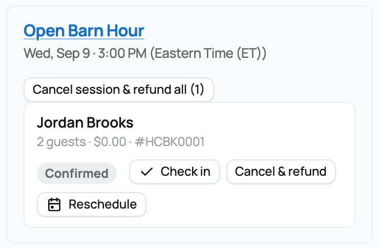Booking list grouped by session with attendee and check-in controls