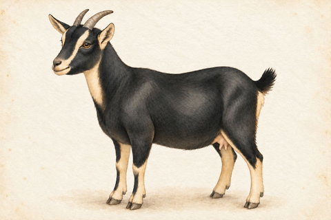 Illustration of a Swiss-marked Nigerian Dwarf doe: black body and belly with cream face stripes and lower legs.