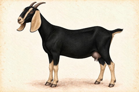 Illustration of a Nubian doe with swiss coloring.